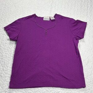 Basic Editions Rich Purple Short Sleeve Embroidered Blouse size large